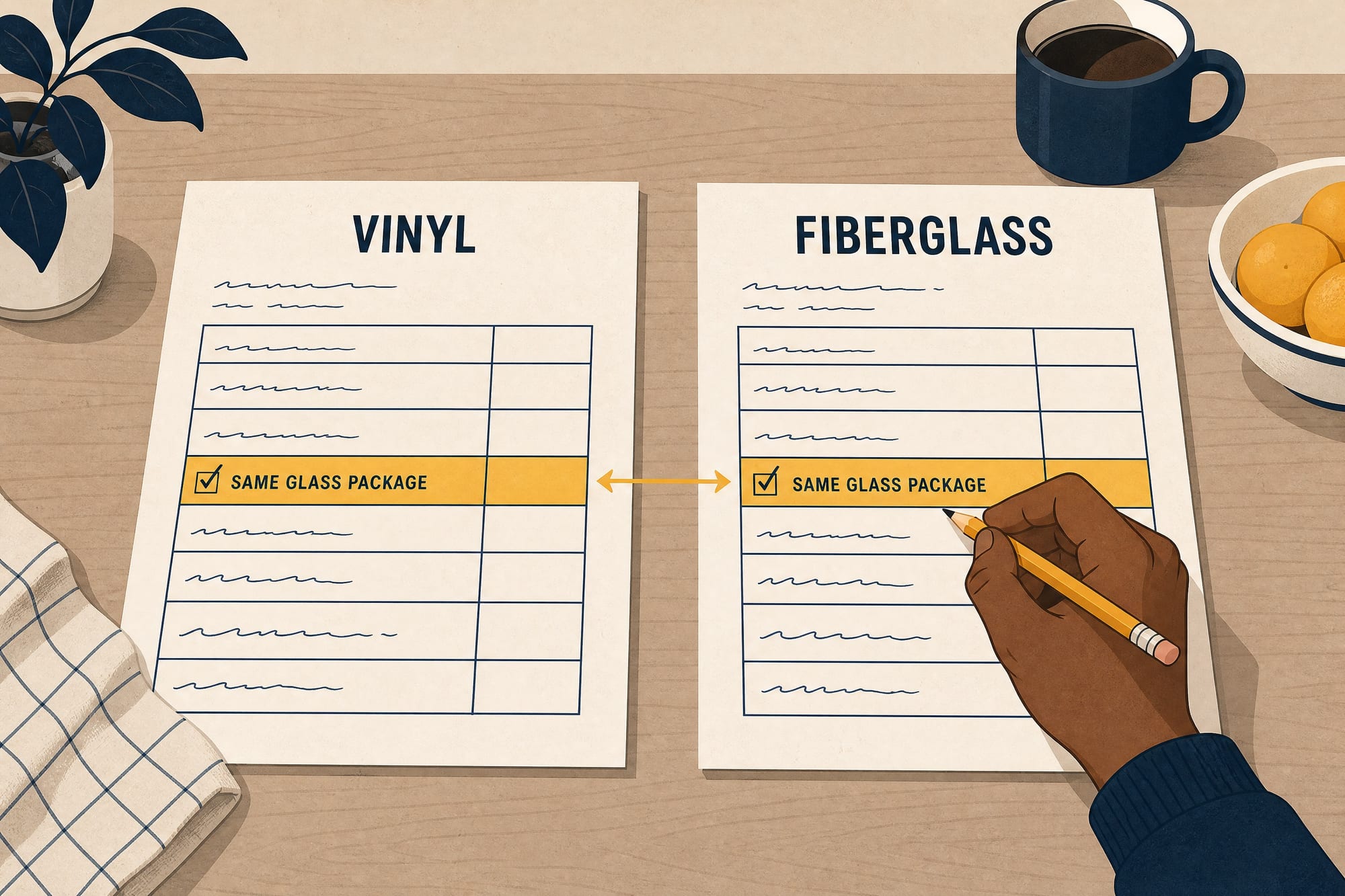 Instructional illustration: two quote sheets, one labeled VINYL and one FIBERGLASS, with a 'SAME GLASS PACKAGE' row highlighted and checked on both and a double arrow between them.