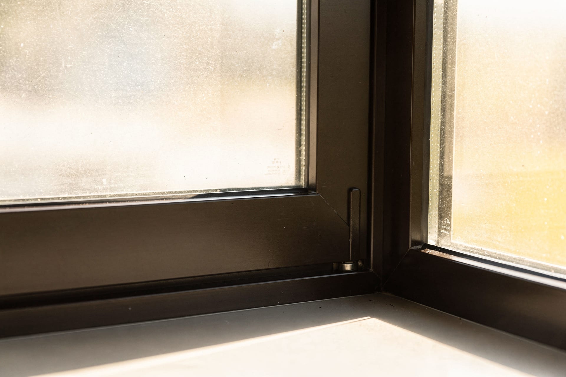 Close view of a dark fiberglass window frame from inside a cool dim room while harsh bleached summer sun blazes on the other side of the glass — the slim frame staying crisp and straight.