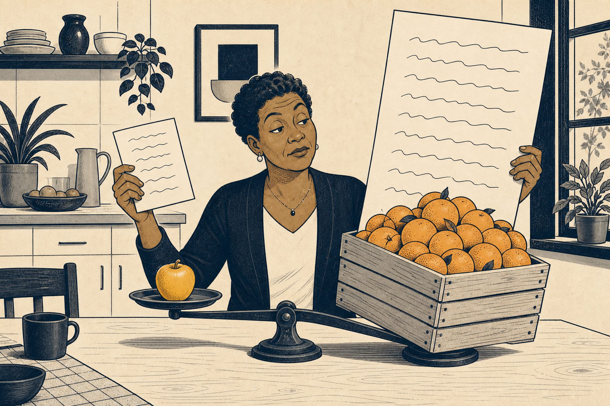 Cartoon: a homeowner at a kitchen table holds two quote sheets at arm's length — one small and light, one enormous — while balancing scales on the table weigh an apple against a whole orchard's crate of oranges.