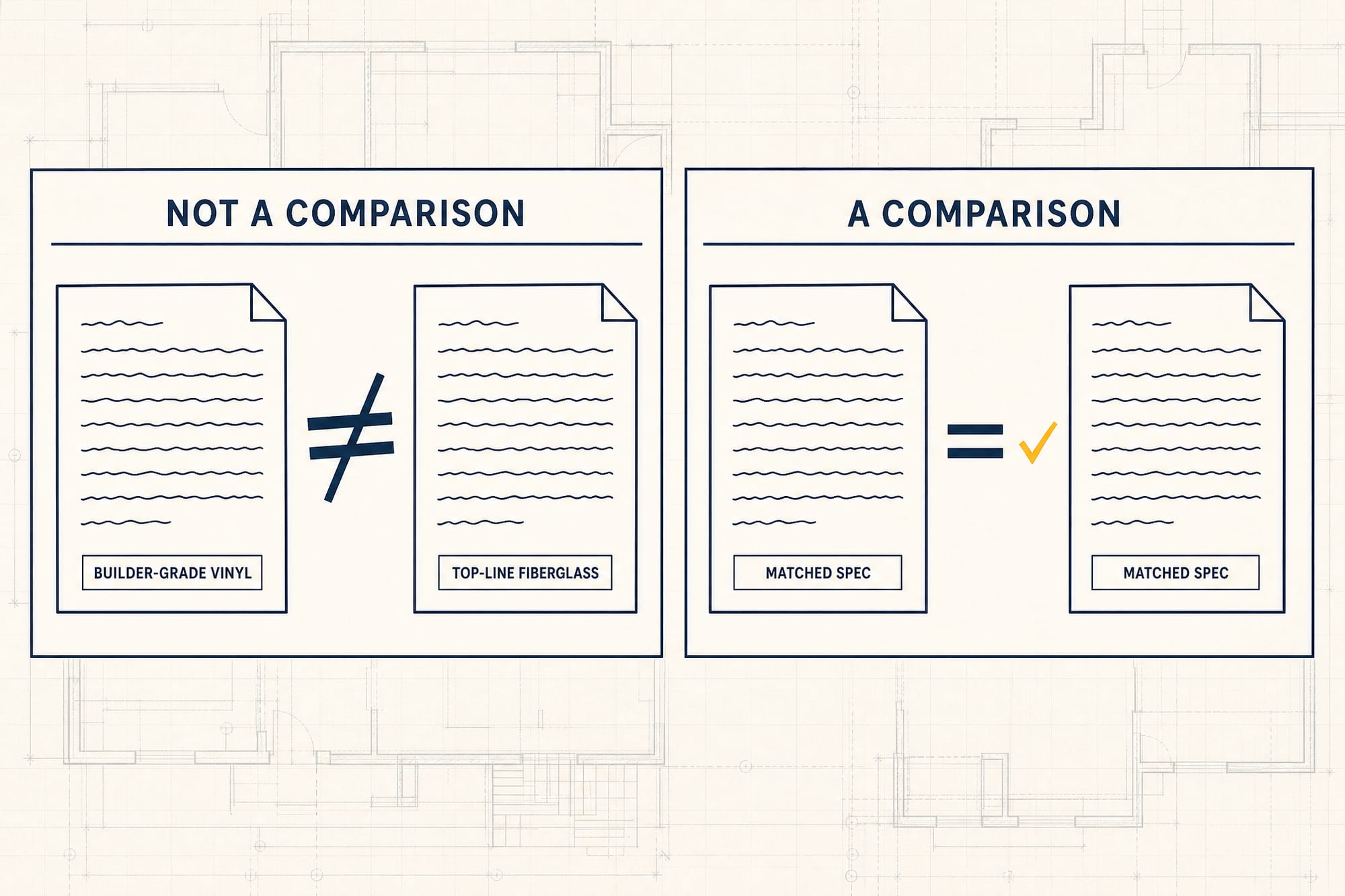 Diagram of two quote pairings: a builder-grade vinyl sheet against a top-line fiberglass sheet marked as not a real comparison, and two matched-spec sheets marked as the comparison worth making.