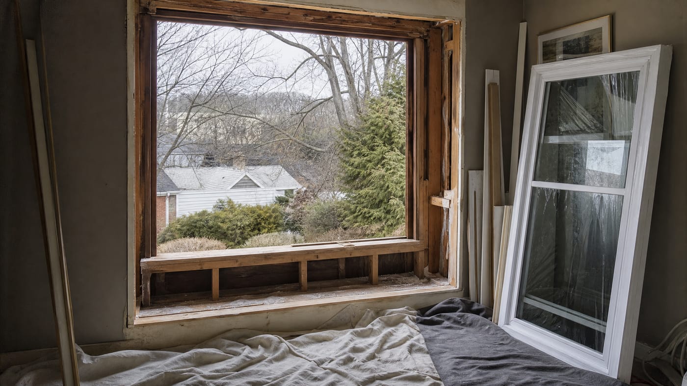 A window opening stripped back to the bare rough opening during a full-frame replacement, interior trim removed and a new window unit staged nearby in its protective film.