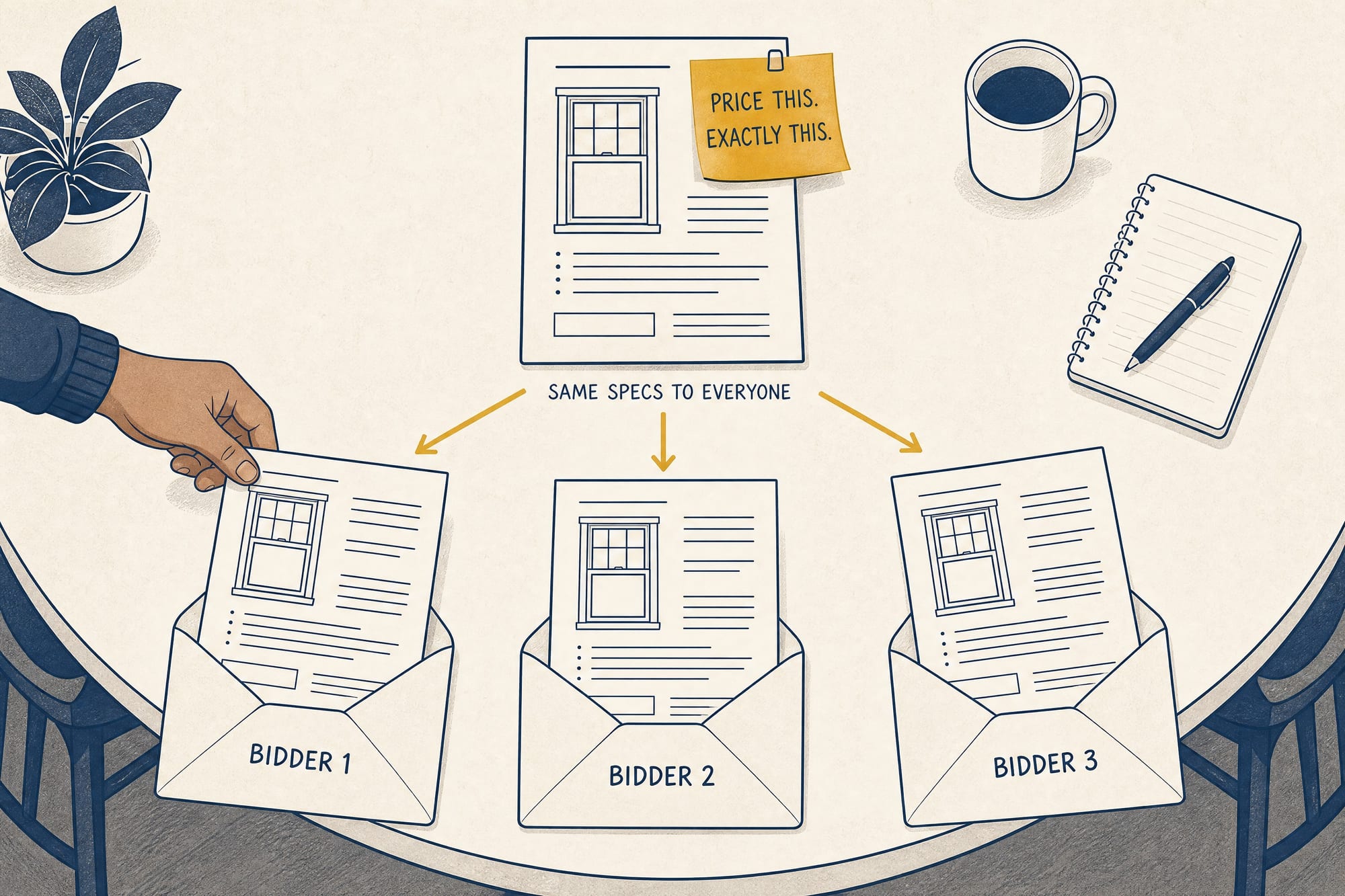 Instructional illustration: a hand sends one identical window spec sheet — 'PRICE THIS. EXACTLY THIS.' — to three envelopes labeled Bidder 1, Bidder 2, and Bidder 3, under the heading 'SAME SPECS TO EVERYONE.'