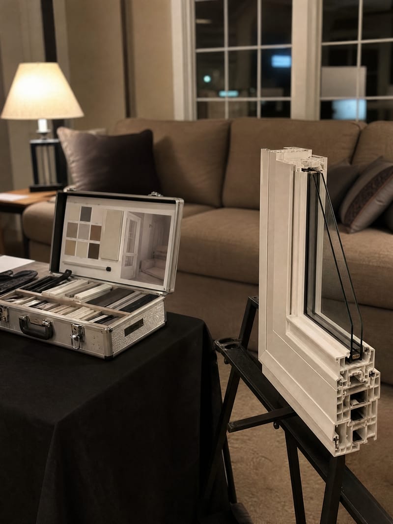 An in-home sales setup in a living room at evening: a corner cutaway sample of a vinyl window on a folding demo stand beside an open sample case, lit by a warm lamp.