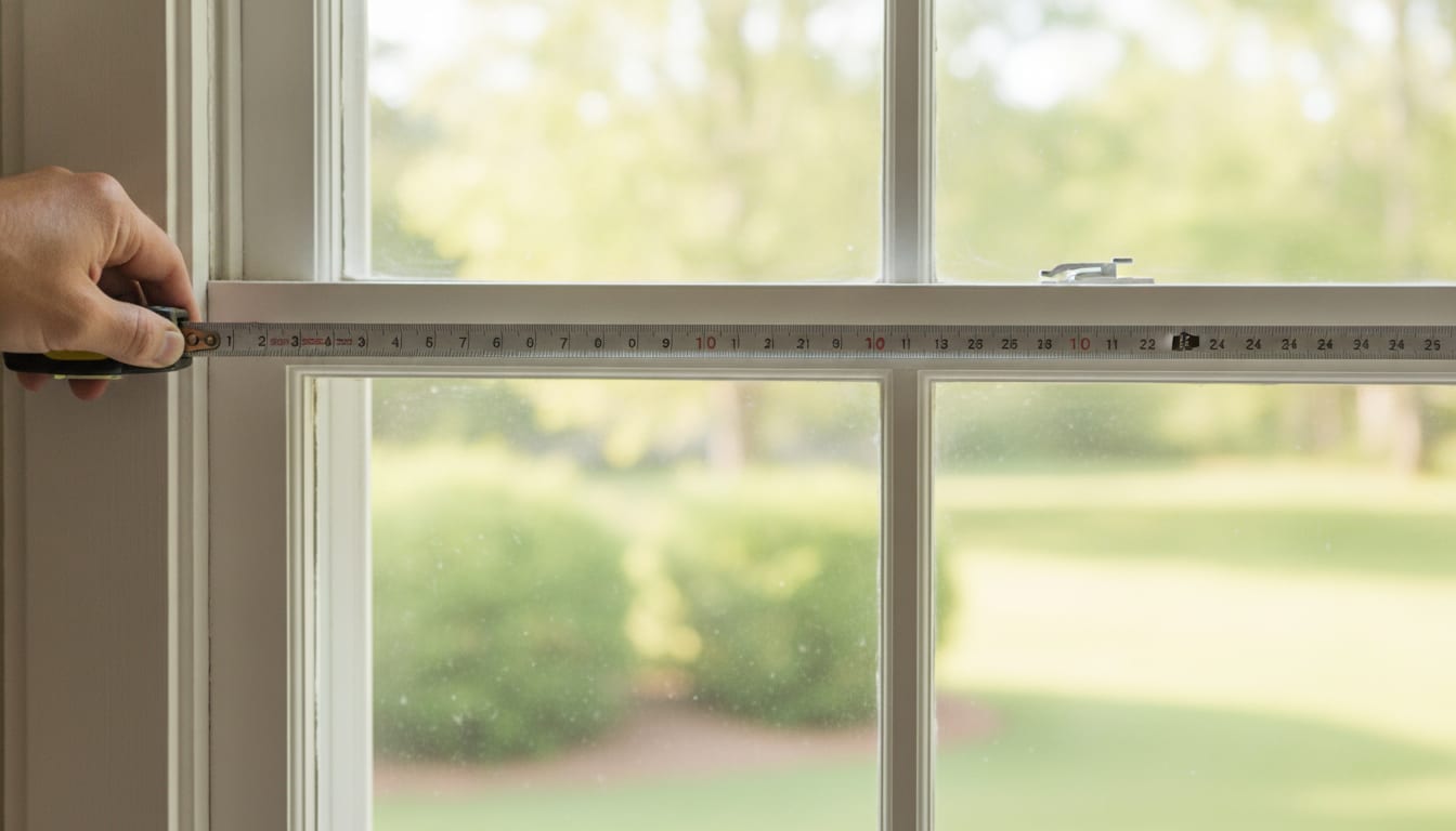 A tape measure stretched across the width of a single white double-hung window from inside a lived-in room, a hand steadying the hook at the jamb and a soft green yard beyond the glass.