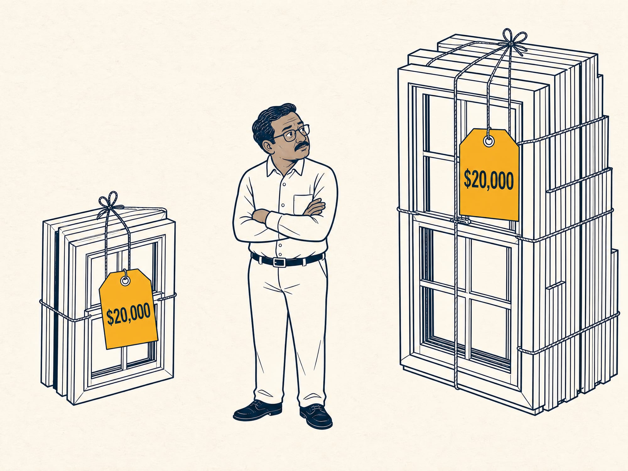 Cartoon: two paper price tags both reading $20,000 hang on two different-sized bundles of windows — a few on the left, many on the right — while a homeowner looks between them.