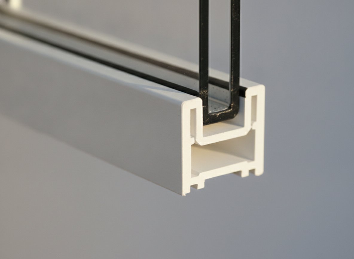 Corner cross-section of a white vinyl replacement window frame — a smooth, hollow, fusion-welded PVC profile