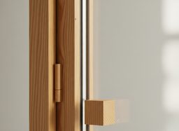 Corner of a natural wood replacement window frame showing warm wood grain and a satin finish
