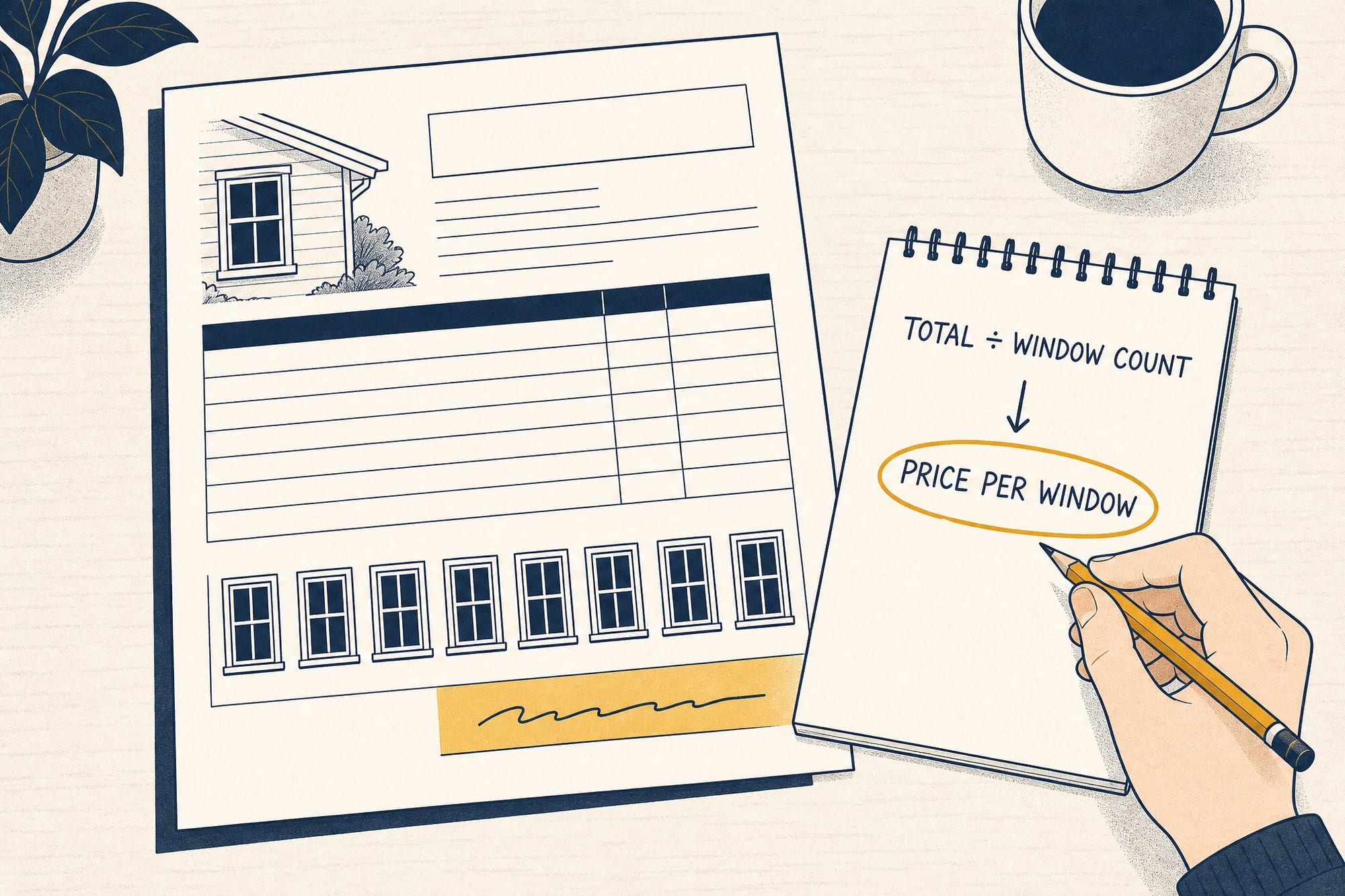 Instructional illustration: a hand does the math on a notepad — 'TOTAL ÷ WINDOW COUNT' with an arrow to 'PRICE PER WINDOW' circled in gold — beside a window quote.