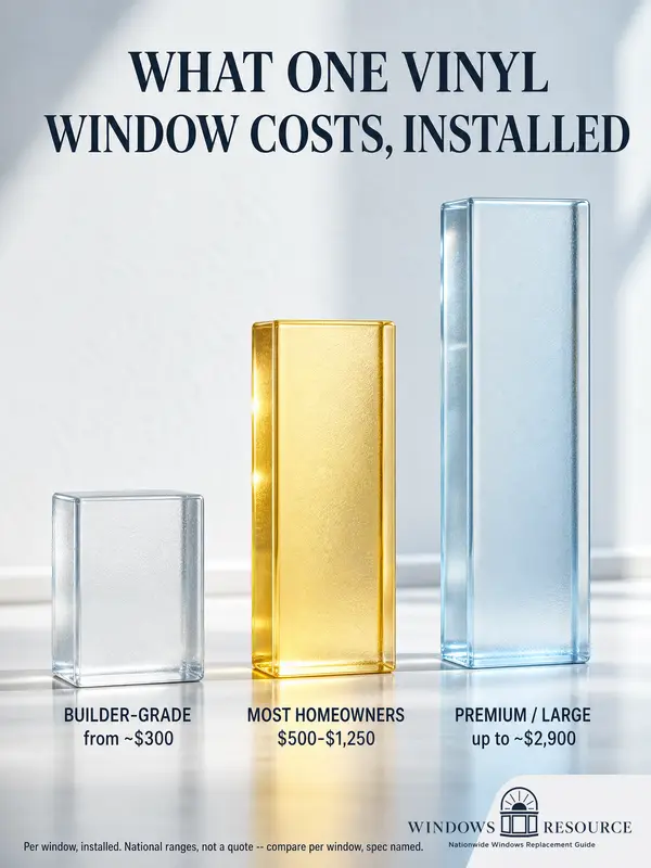 What One Vinyl Window Costs, Installed — three glass bars: builder-grade from ~$300, most homeowners $500–$1,250, premium/large up to ~$2,900