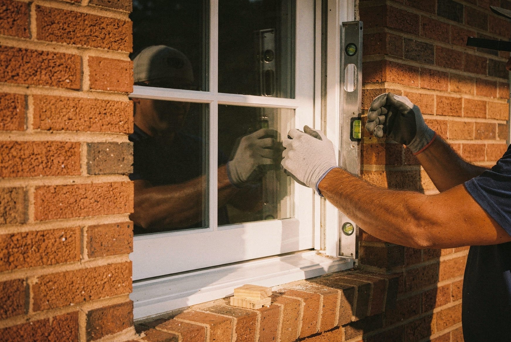A white vinyl double-hung window being set into a red-brick North Carolina home's window opening, installer's gloved hands and a level visible.