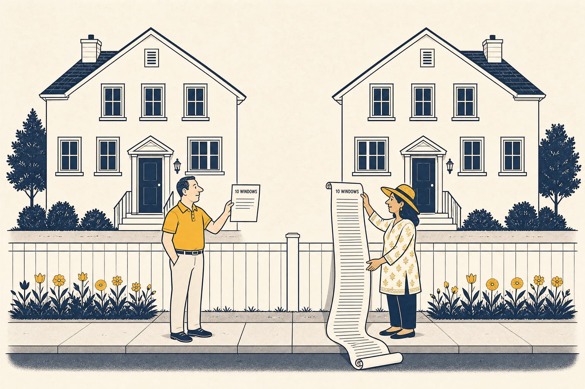 Cartoon: two identical houses; each homeowner holds a '10 WINDOWS' quote for the same job — one a short single sheet, the other a giant scroll unrolling onto the sidewalk.