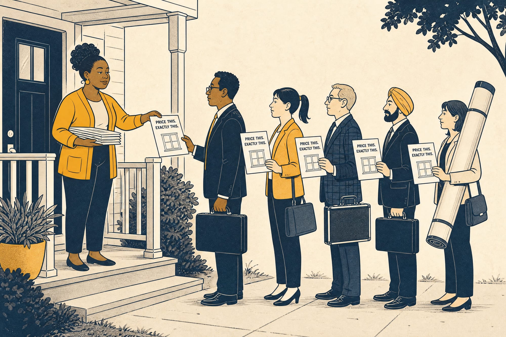 Cartoon: a homeowner on her porch hands an identical spec sheet reading 'PRICE THIS. EXACTLY THIS.' to a line of five waiting salespeople, each holding the same sheet.
