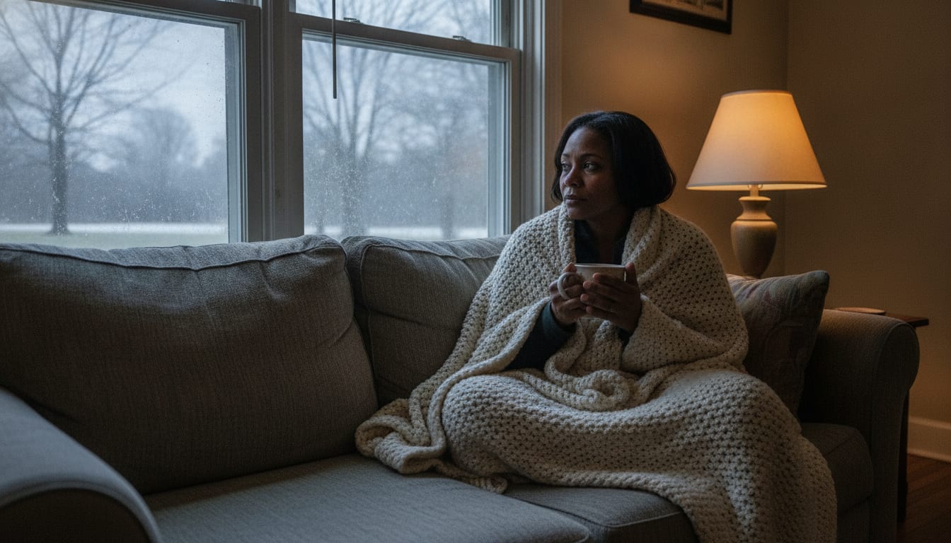 A woman wrapped in a heavy knit blanket sits at the far end of her sofa on a grey winter morning, holding a mug with both hands, as far as she can get from a cold old window — the cushions nearest the glass sitting empty and unused.