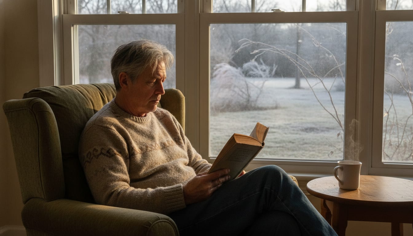 A man reads comfortably in an armchair pulled right up beside a new window on a frosty winter morning, warm light falling across him while frost and bare branches sit outside the glass.