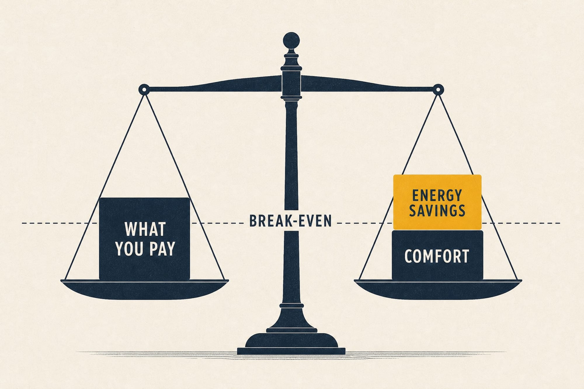 A balance scale diagram: on the left pan, a block labeled 'What you pay'; on the right pan, two stacked blocks labeled 'Energy savings' and 'Comfort' that balance it at a dashed 'break-even' line.