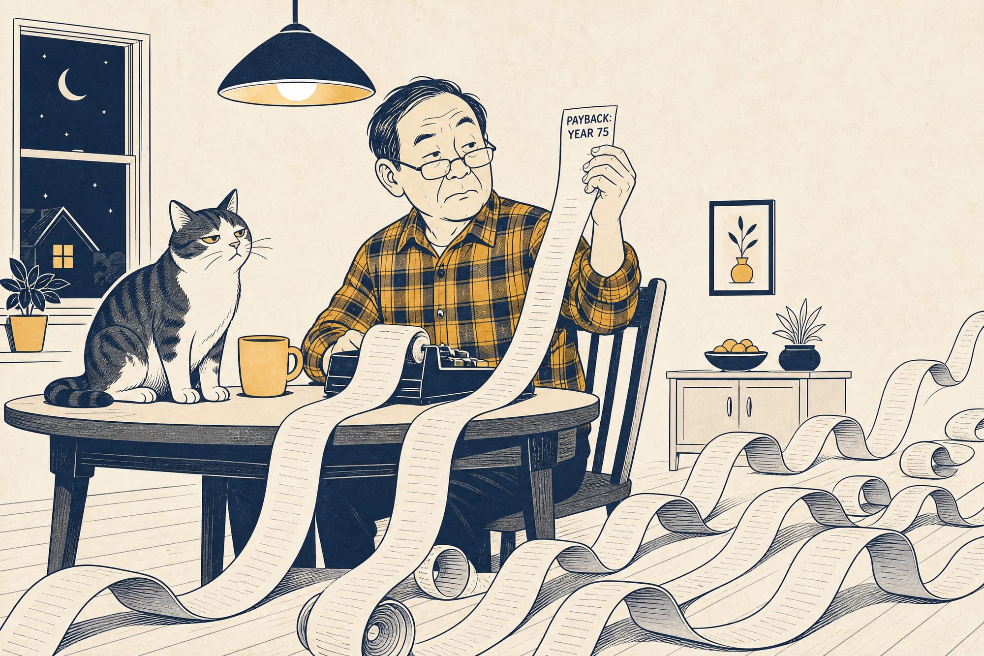 Cartoon: a homeowner at a night kitchen table runs an adding machine whose tape unspools across the floor; the end he holds up reads 'PAYBACK: YEAR 75' while an unimpressed cat looks on.