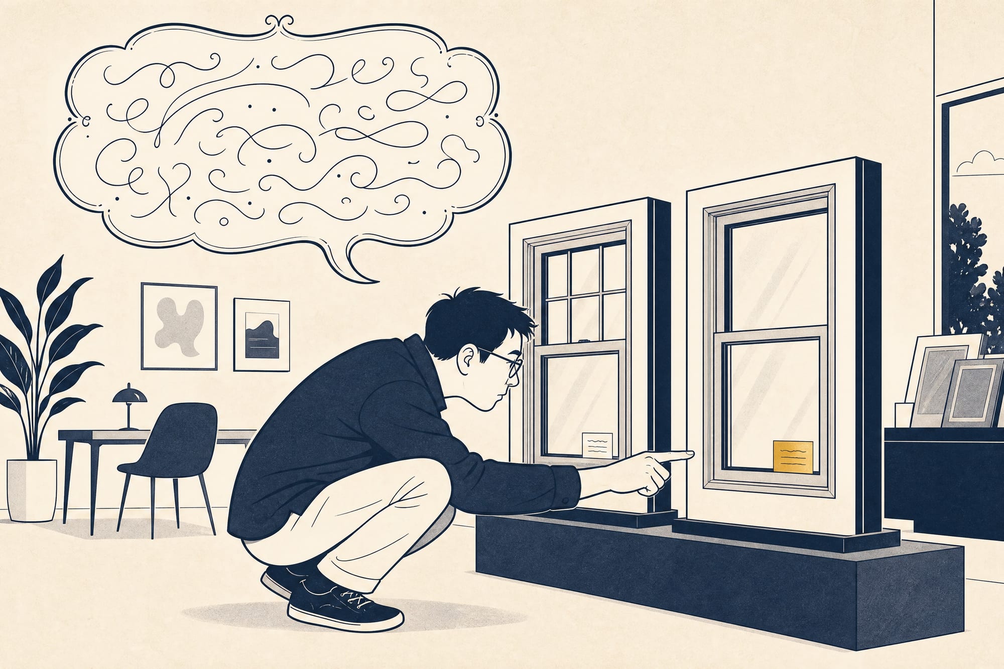 Cartoon: a homeowner squints at a small energy-rating label on a showroom window while a giant thought bubble over his head fills with tangled, meaningless scribbles.
