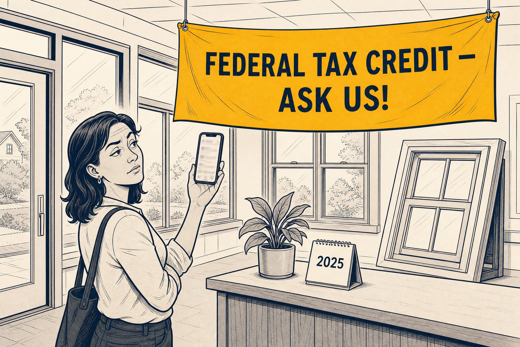An editorial cartoon: a window showroom with a big 'FEDERAL TAX CREDIT — ASK US!' banner still hanging, a small dusty '2025' peeking from behind a plant, while a homeowner holds up her phone showing an IRS page and raises an eyebrow.