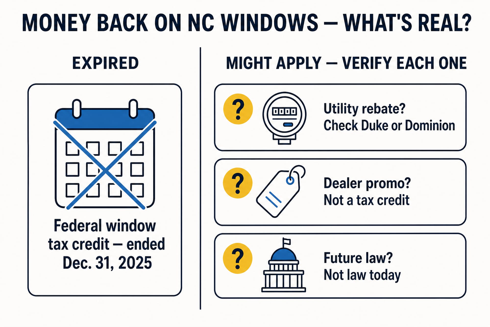 A two-column decision diagram. The left column, 'Expired,' shows the federal 25C window tax credit crossed out with an 'ended Dec 31, 2025' note. The right column, 'Might apply — verify each one,' shows three question-marked cards: a utility rebate, a manufacturer or seasonal promo, and possible future federal legislation. No dollar amounts appear anywhere.