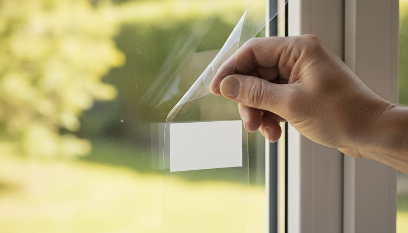 An installer's hand peels the blank factory protective film and label away from the corner of a freshly installed window pane, the film curling off clean glass with a sunlit green yard beyond.