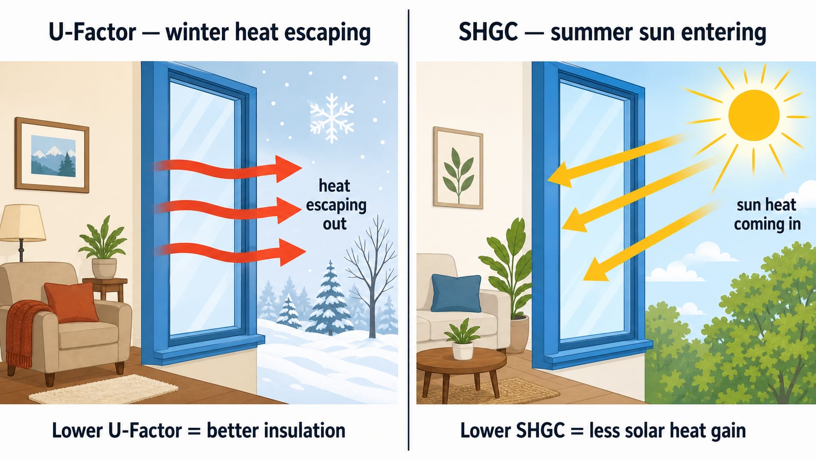 Two-panel diagram. Left: U-Factor in winter — a cozy room with red-orange arrows showing indoor heat escaping out through the window glass to a snowy exterior; lower U-Factor means better insulation. Right: SHGC in summer — gold arrows showing the sun's heat coming in through the glass from a bright summer exterior; lower SHGC means less solar heat gain.