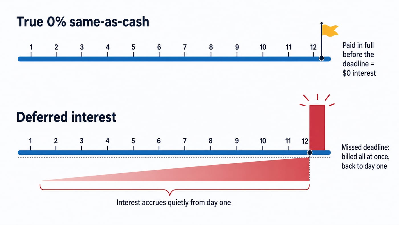 Two 12-month financing timelines compared. True 0% same-as-cash: no interest anywhere, and paying in full before the deadline means zero interest. Deferred interest: interest accrues quietly from day one, and a missed deadline bills it all at once, back to day one.