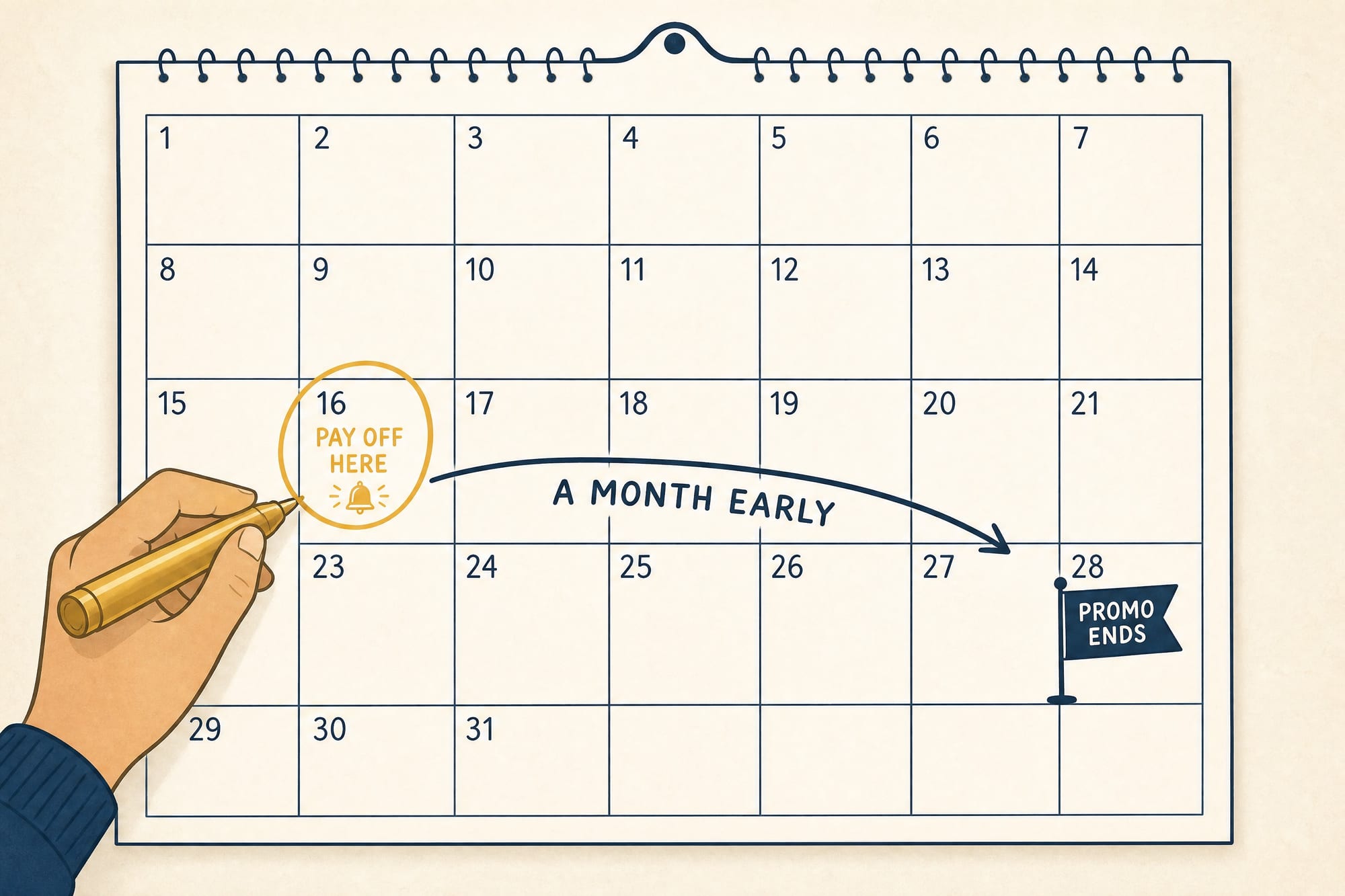 Instructional illustration: a wall calendar with day 16 circled and labeled 'pay off here' with an alarm bell, an arrow marked 'a month early' curving to day 28 flagged 'promo ends'.