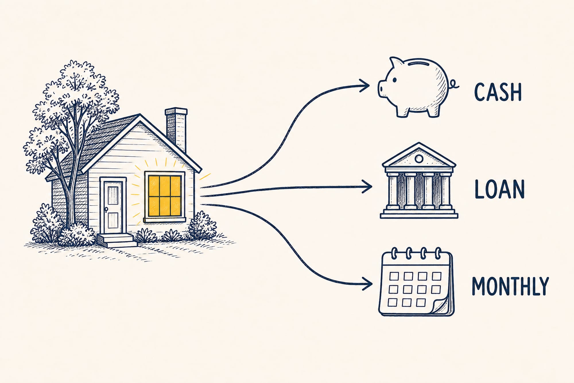 An editorial illustration: a house with one glowing window, with three paths leading out to a piggy bank labeled cash, a bank labeled loan, and a calendar labeled monthly.