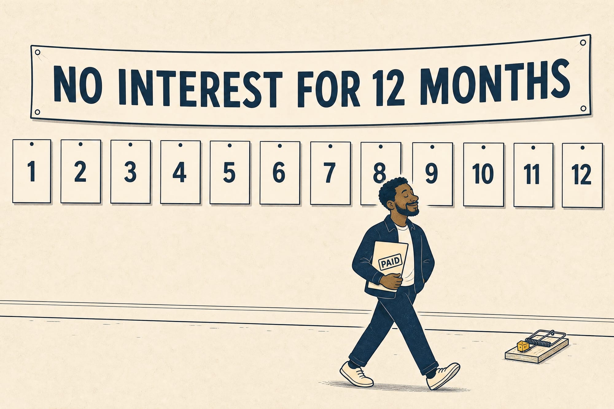 Cartoon: a homeowner strolls past a 'no interest for 12 months' banner and a row of month cards holding a folder stamped 'paid', having just stepped clear of a snapping mousetrap on the floor.