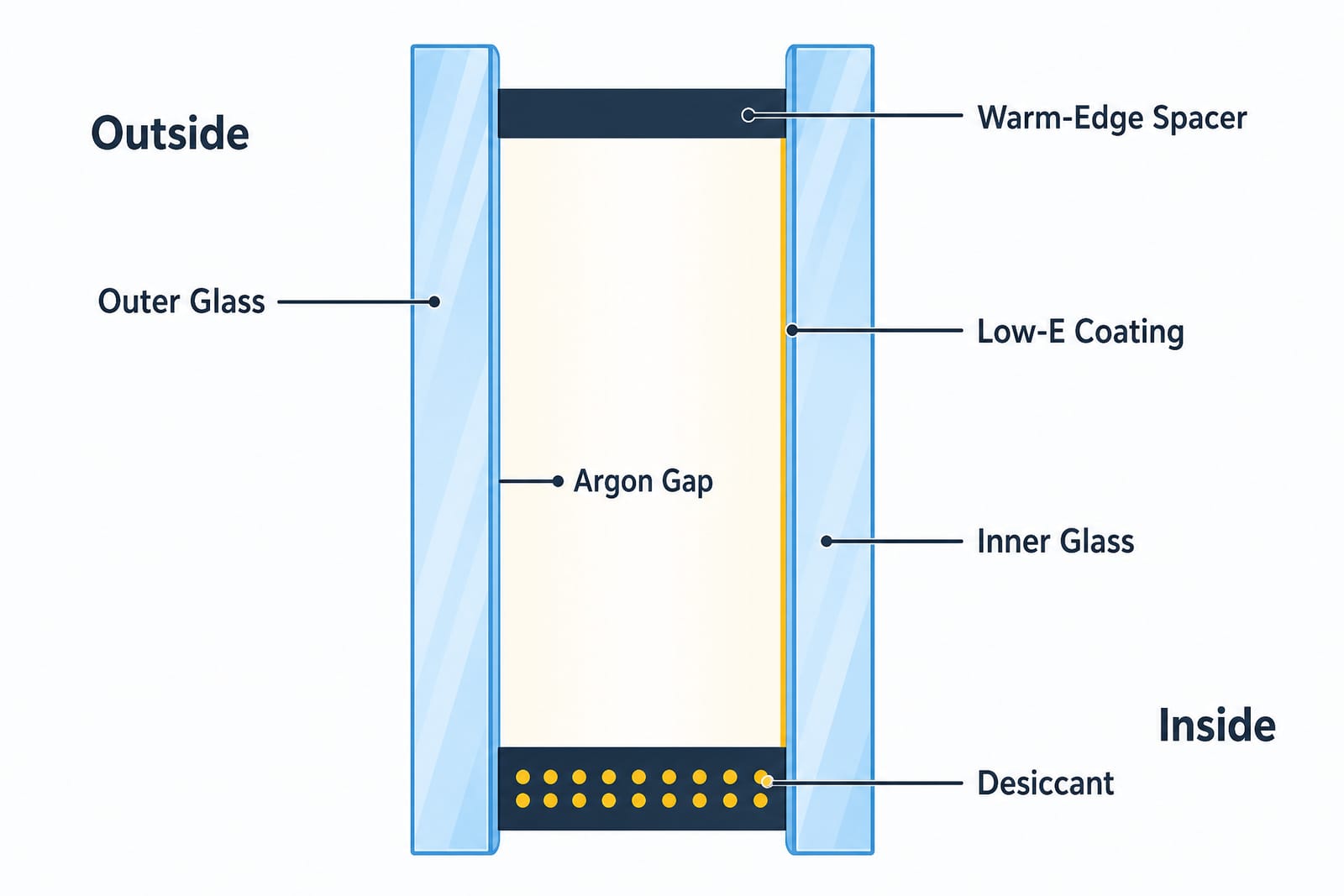 Cross-section diagram of a double-pane insulated glass unit: an outer glass pane and inner glass pane in sky blue, separated by an argon gap, sealed top and bottom by a warm-edge spacer holding desiccant, with a Low-E coating on the inner pane's gap-facing surface — outside on the left, inside on the right.