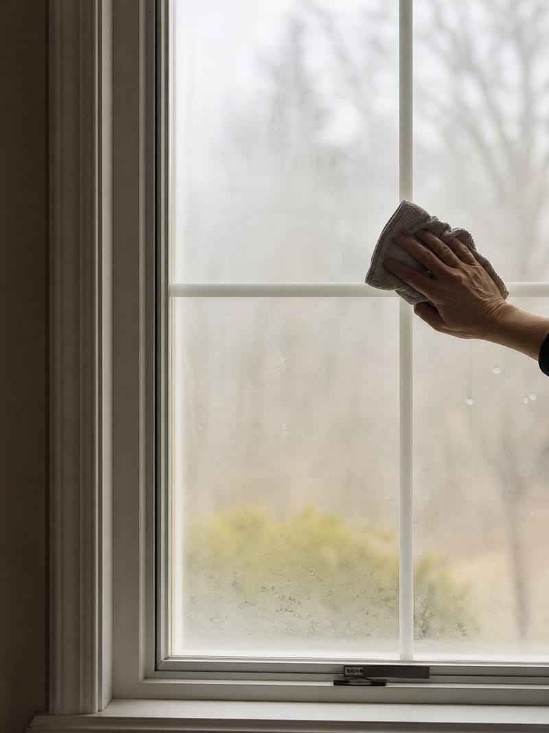 A double-pane window with permanent milky haze trapped between the panes while a hand wipes the inside surface with a cloth to no effect.