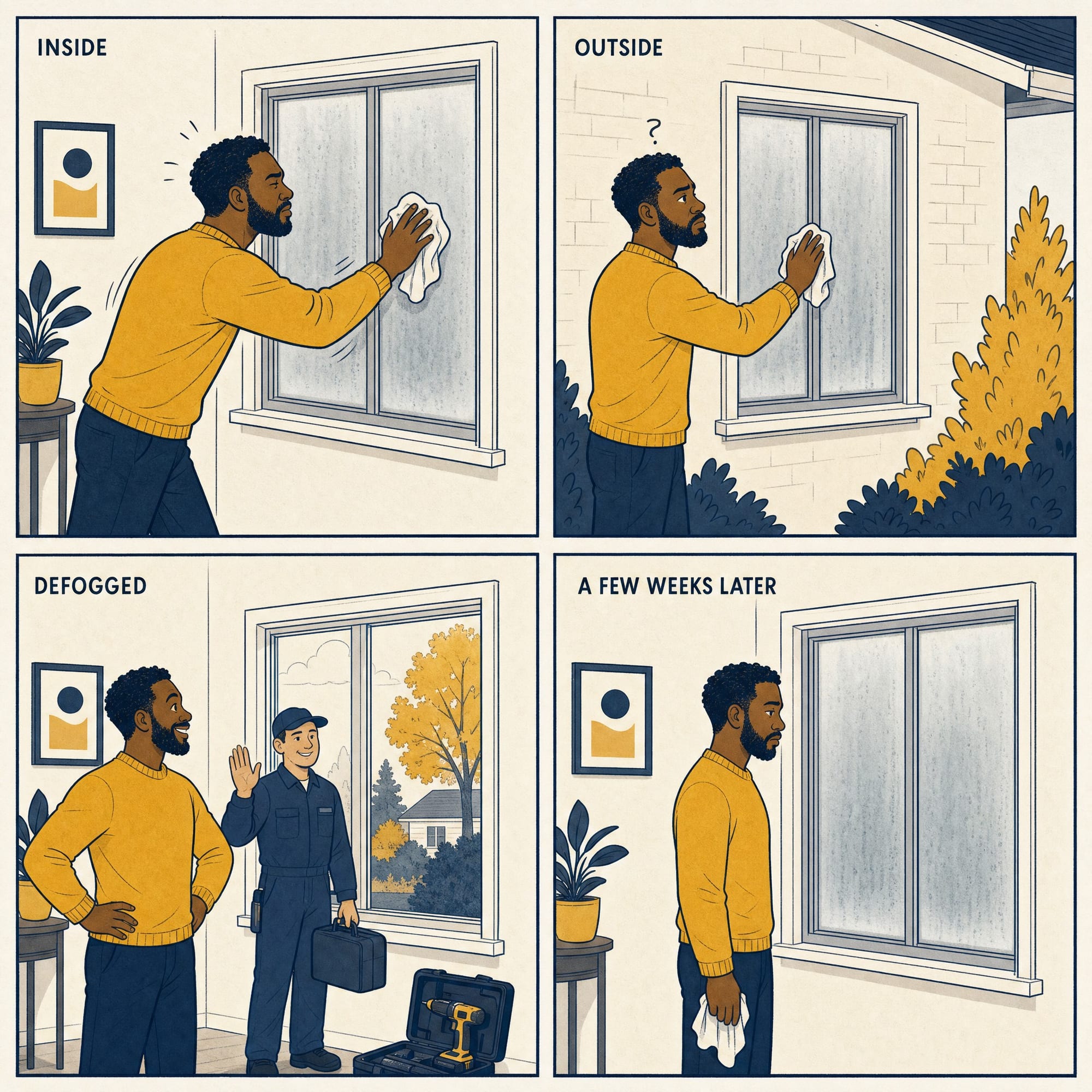 Four-panel cartoon: a homeowner wipes fog from inside, then outside, with no luck; a technician defogs it clear; a few weeks later the fog has crept back.