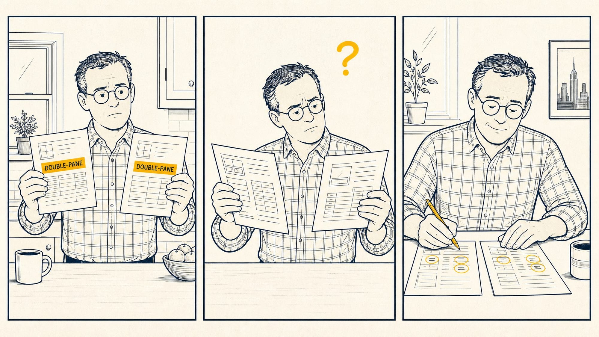 Three-panel cartoon of a calm homeowner at his kitchen counter: first he holds up two window quotes that both say 'DOUBLE-PANE' in highlighted gold and look identical; then he squints between them, puzzled, a question mark overhead; finally he circles three small items on each quote in gold pencil and nods — the difference was the three words nobody had pointed at.
