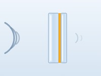 Cross-section of laminated glass: two panes of different thickness bonded by a gold sound-damping interlayer, incoming sound waves shrinking as they pass through.