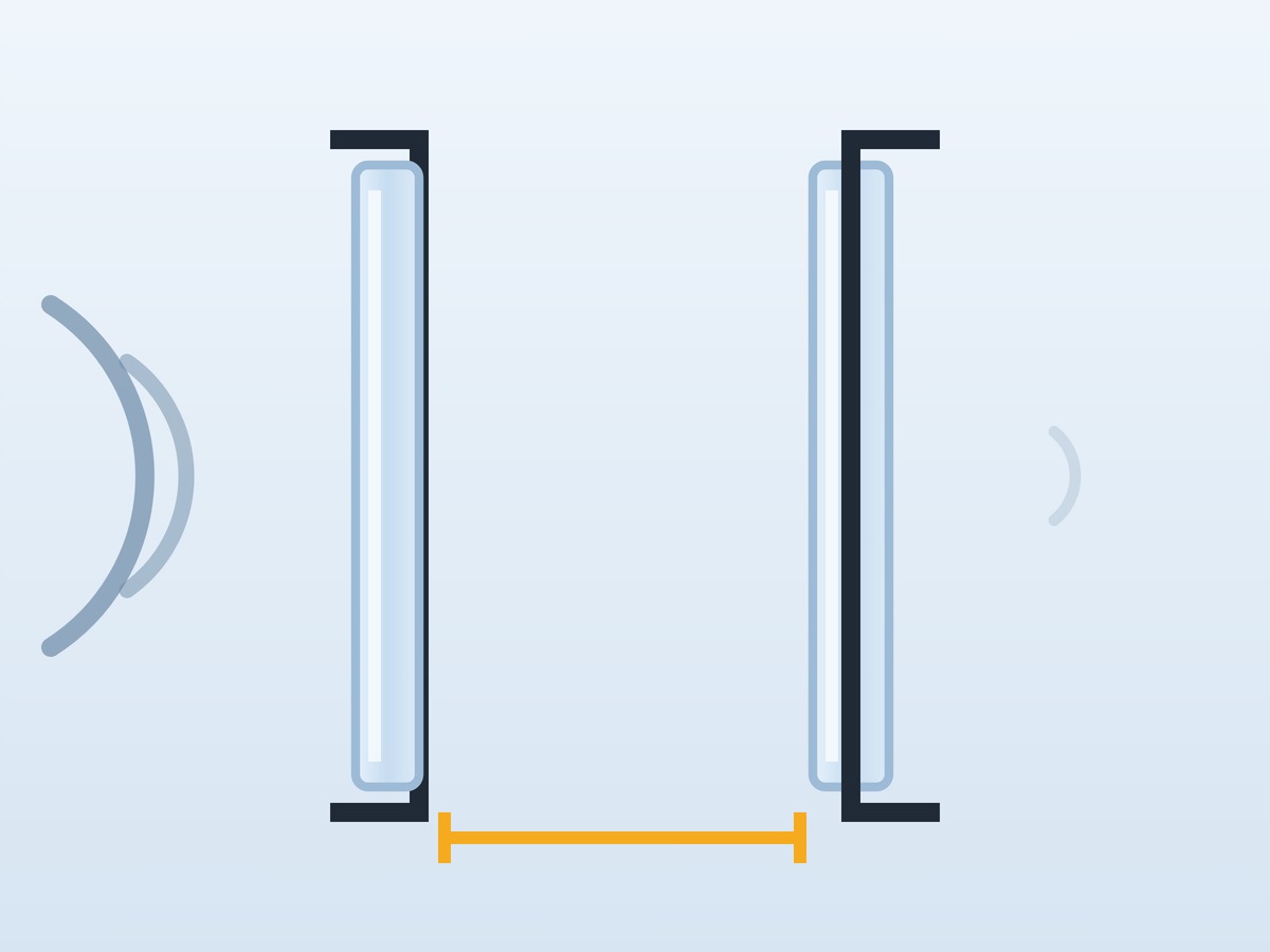 Cross-section of a storm window or insert: a second pane set in front of the primary window with a deep air gap between them.