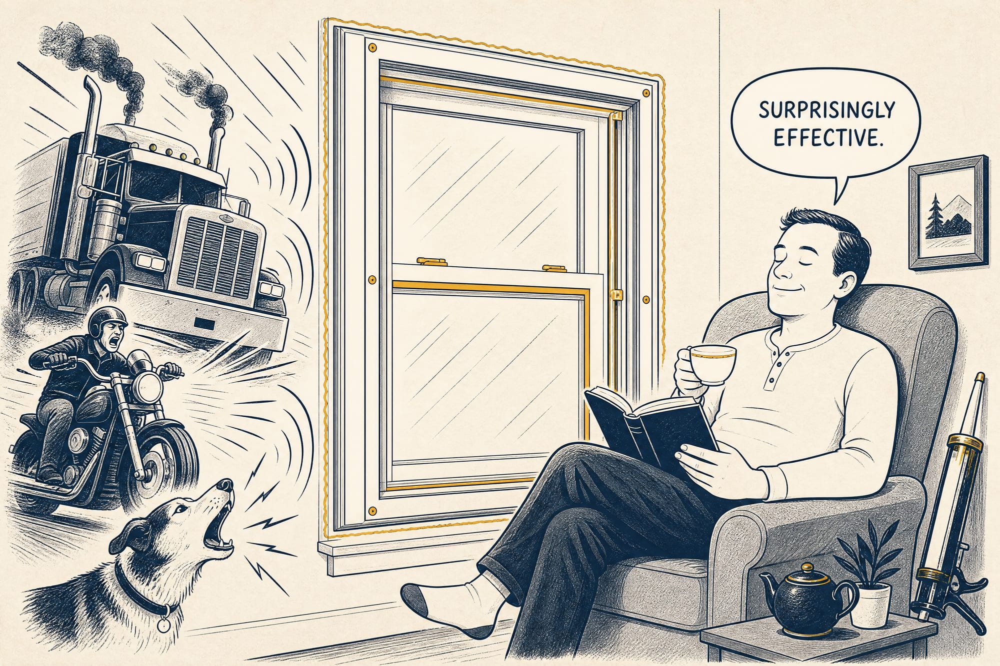 Cartoon: a diesel truck, a revving motorcycle, and a howling dog hurl noise at a sealed storm window; on the far side a homeowner reclines with tea and a book, a caulk gun by his chair, saying 'SURPRISINGLY EFFECTIVE.'