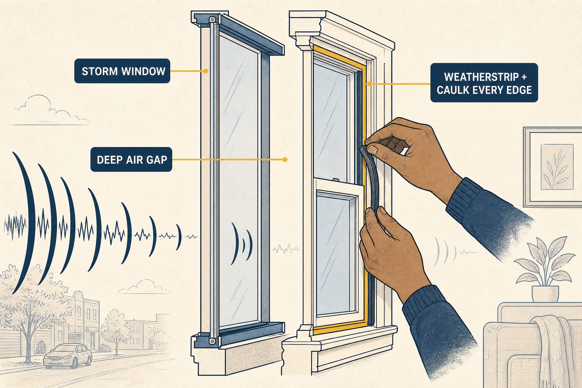 Instructional cutaway: a storm window added over an existing sash with a deep air gap between them, hands running weatherstrip around the frame, labels reading 'STORM WINDOW', 'DEEP AIR GAP', and 'WEATHERSTRIP + CAULK EVERY EDGE', sound waves shrinking as they pass through.