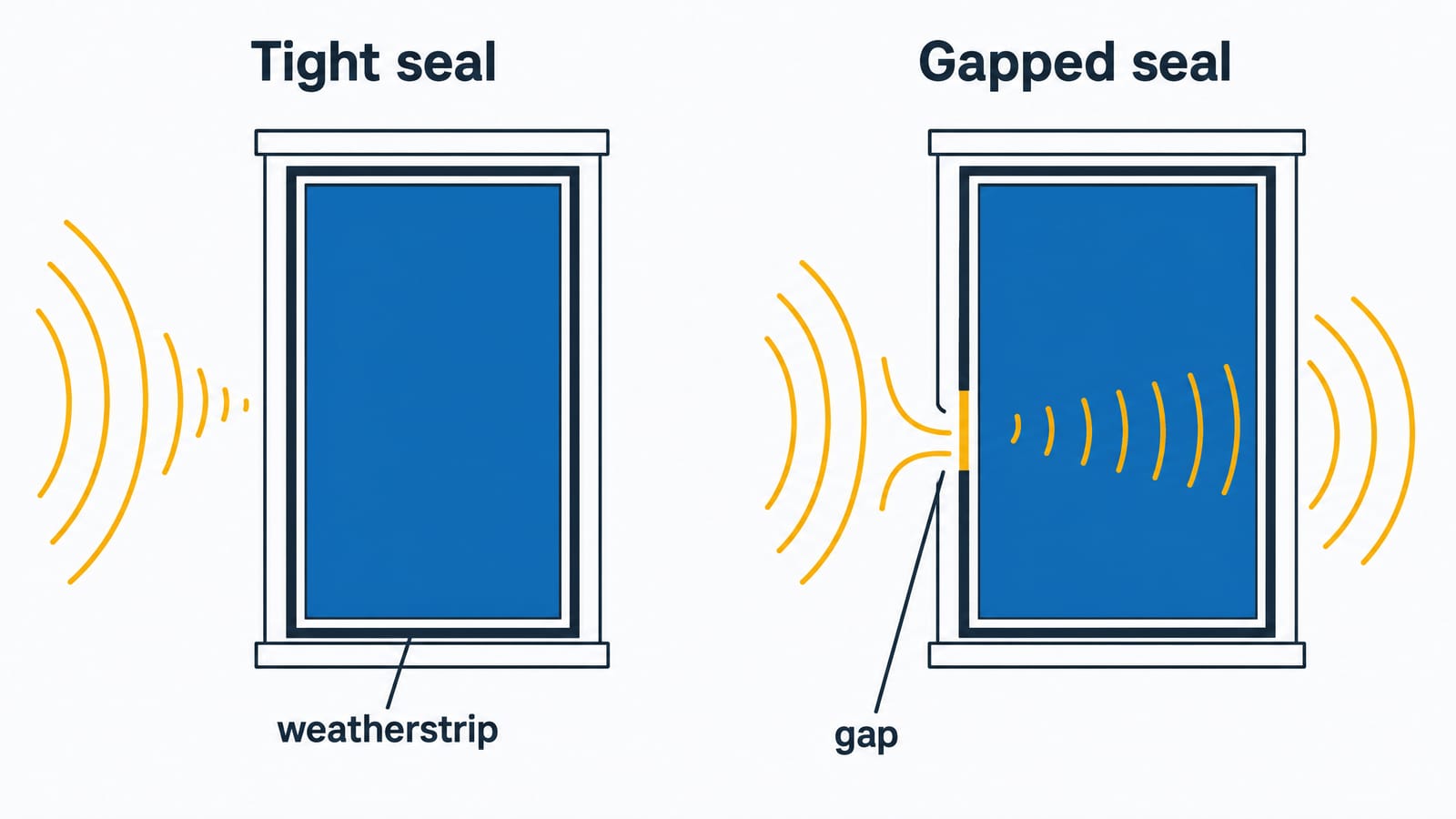 Two windows side by side. Tight seal: sound waves reach a fully weatherstripped sash and stop, reduced at the glass. Gapped seal: a gap in the sash where the weatherstrip is missing lets sound waves flank through the opening and continue into the room.