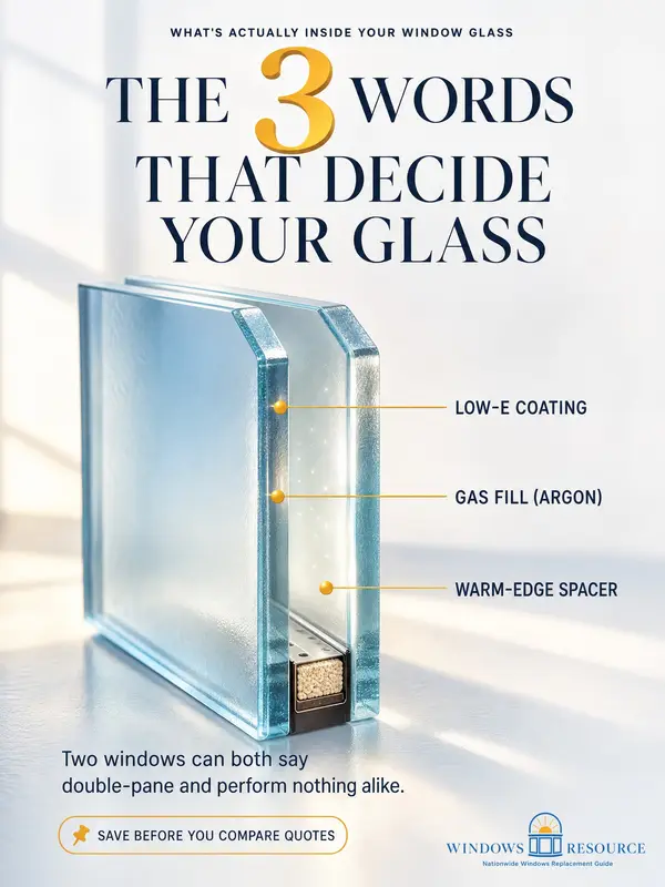 The 3 Words That Decide Your Glass — a double-pane glass unit labeled Low-E coating, gas fill (argon), warm-edge spacer