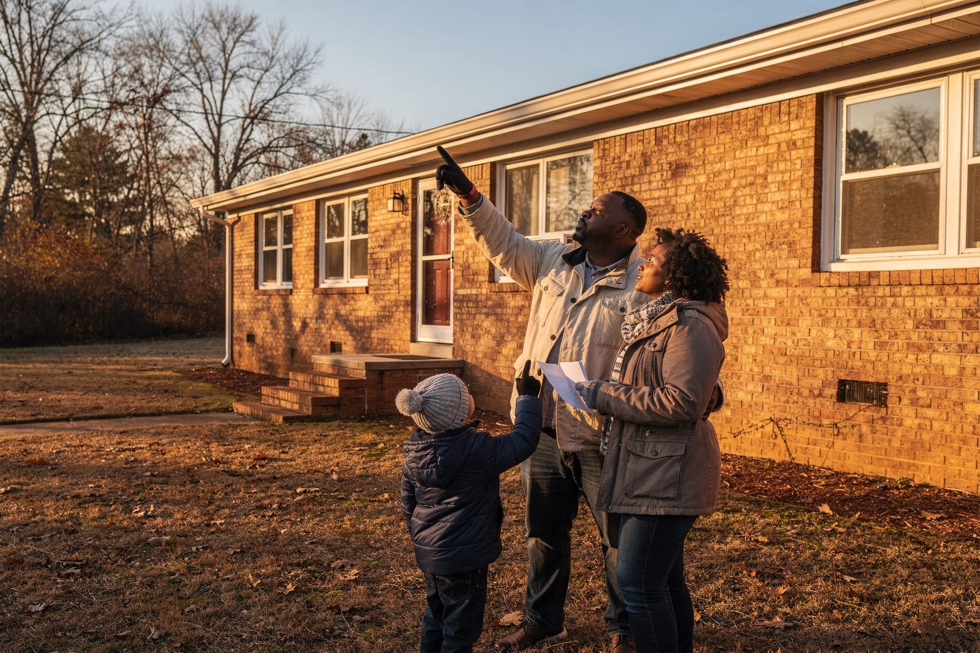 A Black family sizes up the windows of their brick ranch home in low golden January light — the father points up at a window, the mother follows his gesture with a folded quote in one gloved hand, and their young son points along with his dad; bare winter trees behind them.