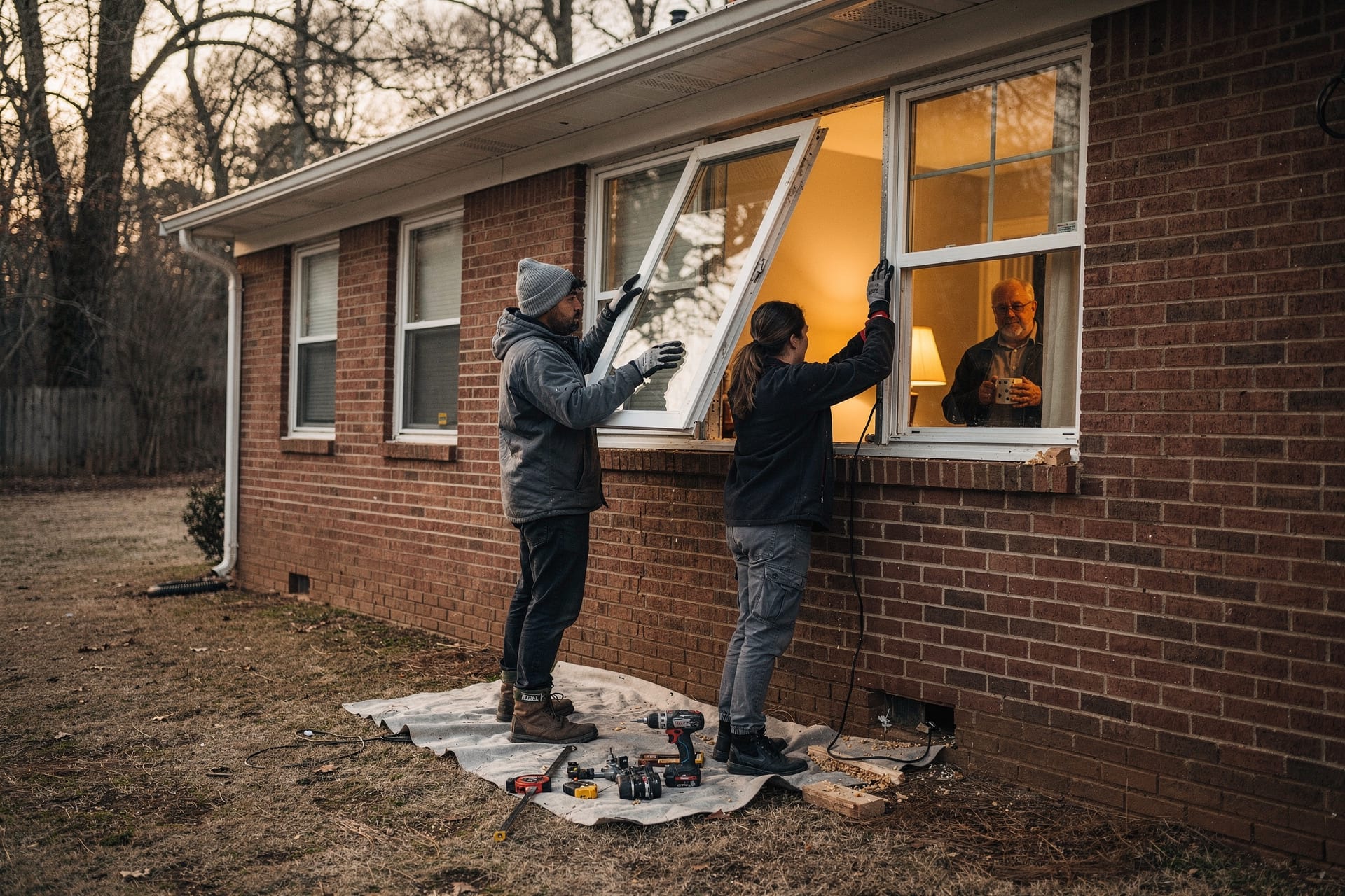 A winter window install at an NC brick ranch: a crew works one open window opening while every other window stays closed and intact, and the homeowner watches from inside a warm adjacent room with a mug.