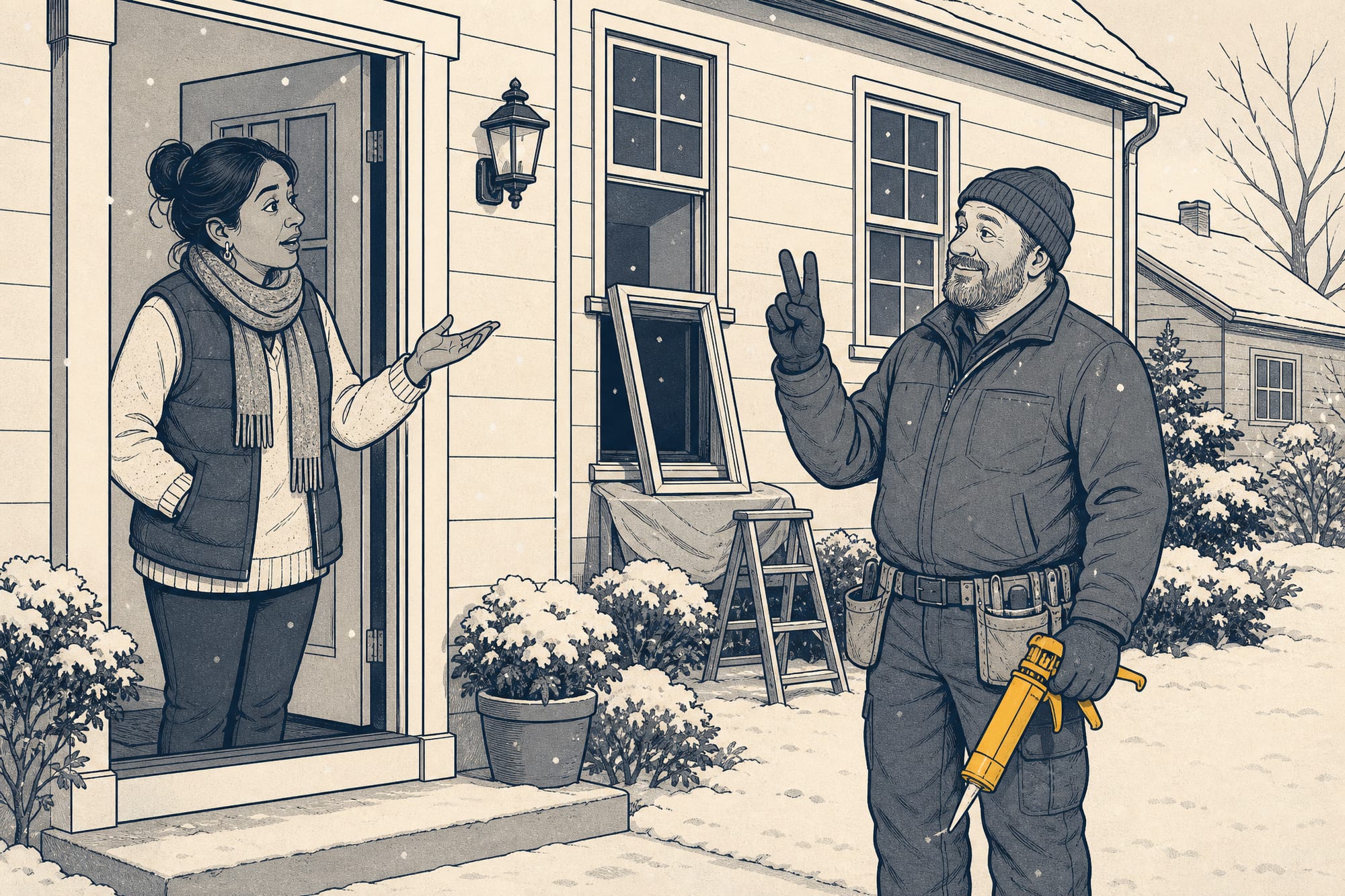 A cartoon: a homeowner at the door in winter asks an installer holding a caulk gun when the best time to replace windows is. The installer holds up two gloved fingers, weighing both halves of his answer while light snow falls behind him.