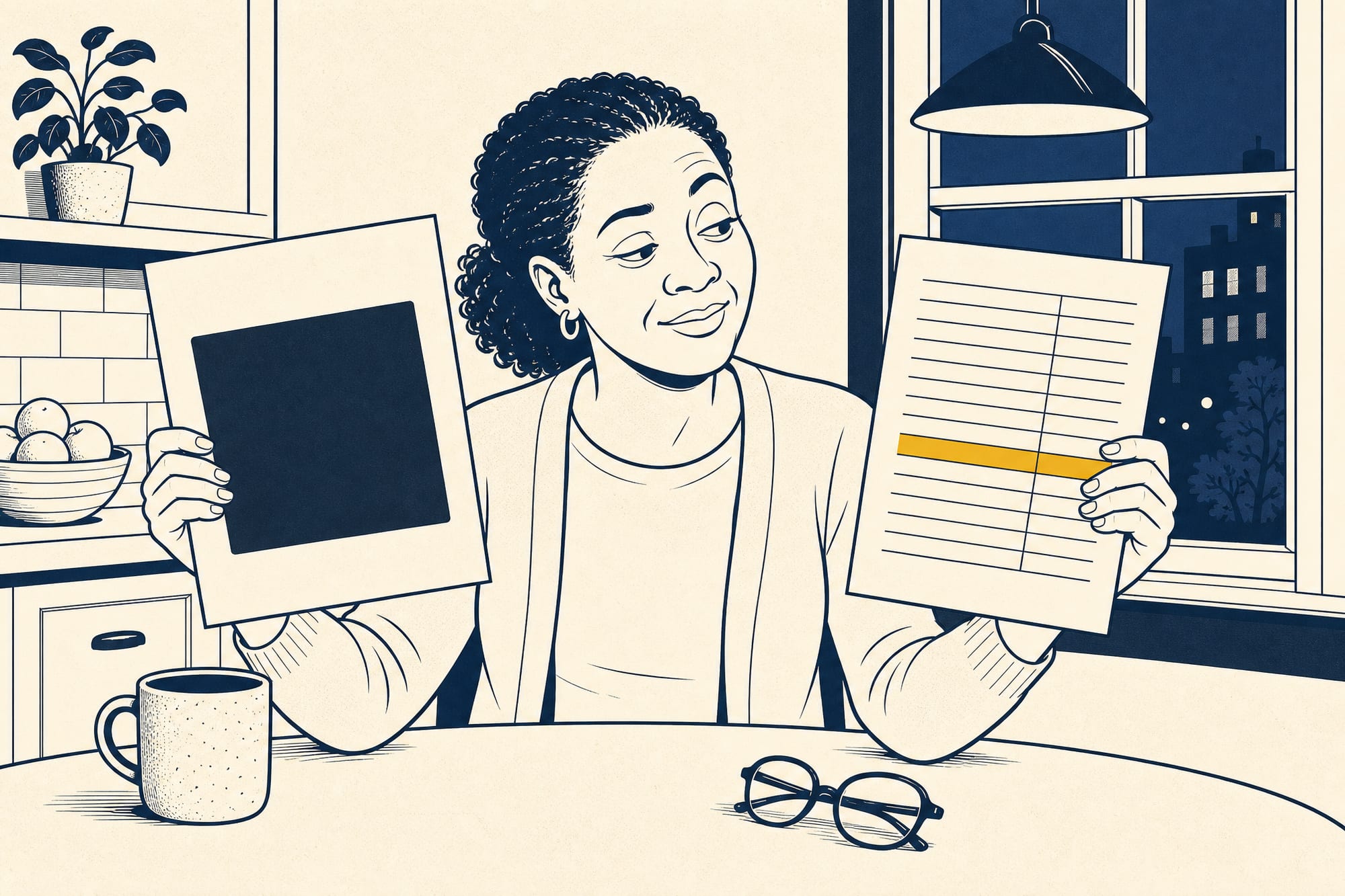 An editorial cartoon: a homeowner at the kitchen table holding two window estimates side by side — one a single big lump-sum number, the other broken into itemized lines with the labor called out — comparing them with a raised eyebrow.