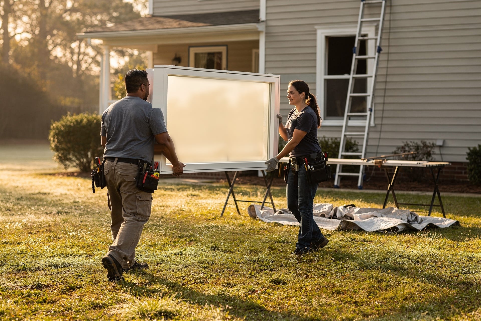 A two-person crew carrying a new replacement window up to a second-story opening on an NC home in warm afternoon light — the physical labor a homeowner is actually paying for on the install line.