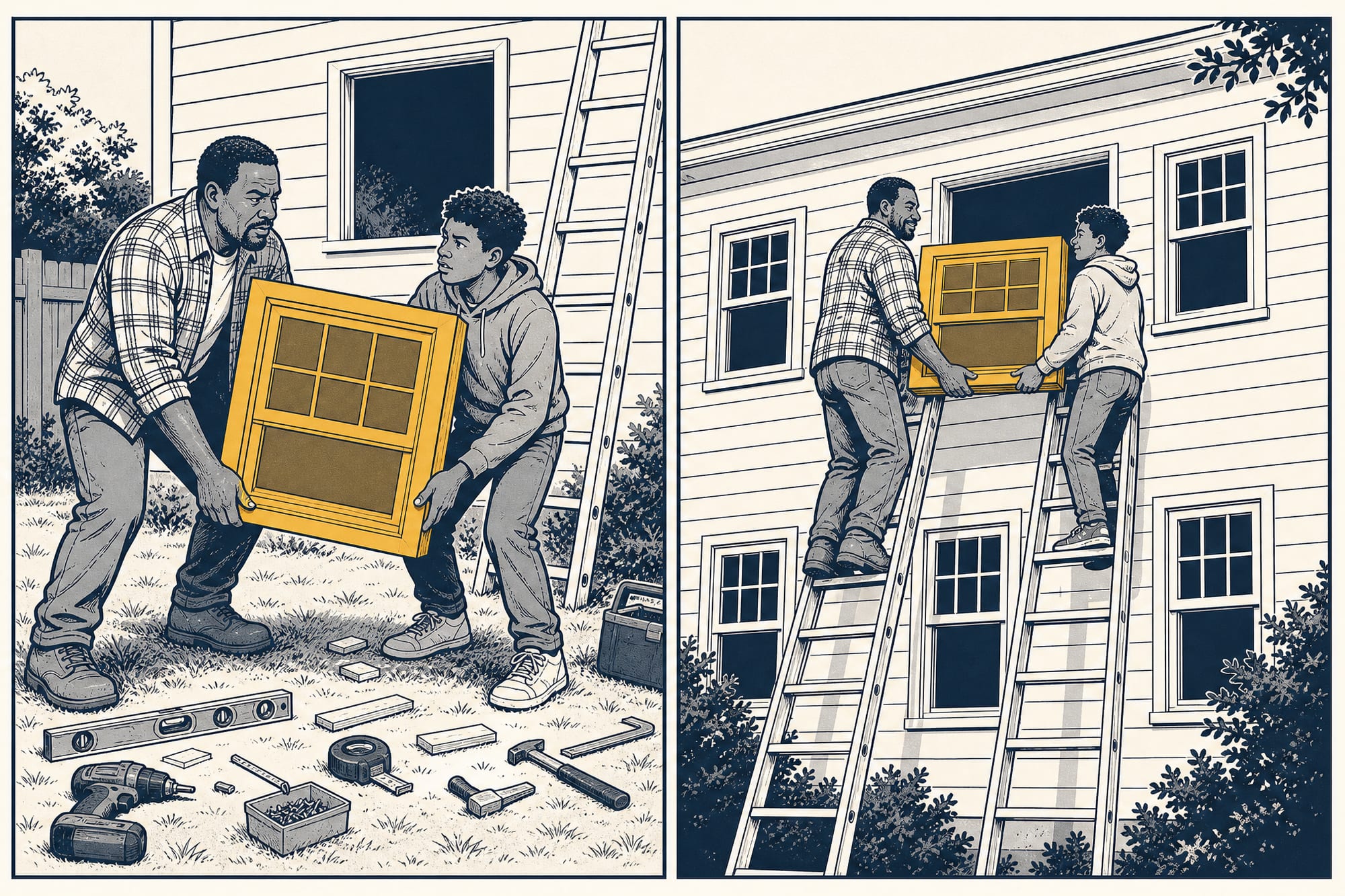 A two-panel editorial cartoon: in the first panel, a homeowner and his teenage son wrestle a replacement window at a ladder, tools scattered, first-window chaos; in the second panel, months later, the same pair slide the last window into place with practiced ease, the house behind them full of new windows.