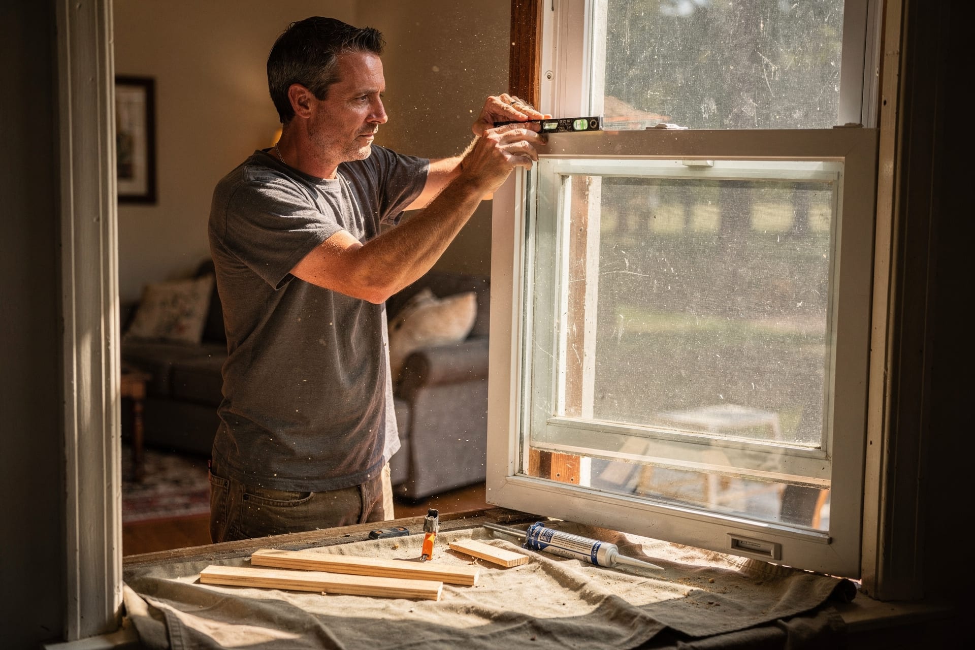 A homeowner in his 30s reads a spirit level laid across the top of a new insert replacement window dry-fit in a ground-floor opening, shims and a caulk gun on the drop cloth beside him, warm afternoon light coming through the glass.