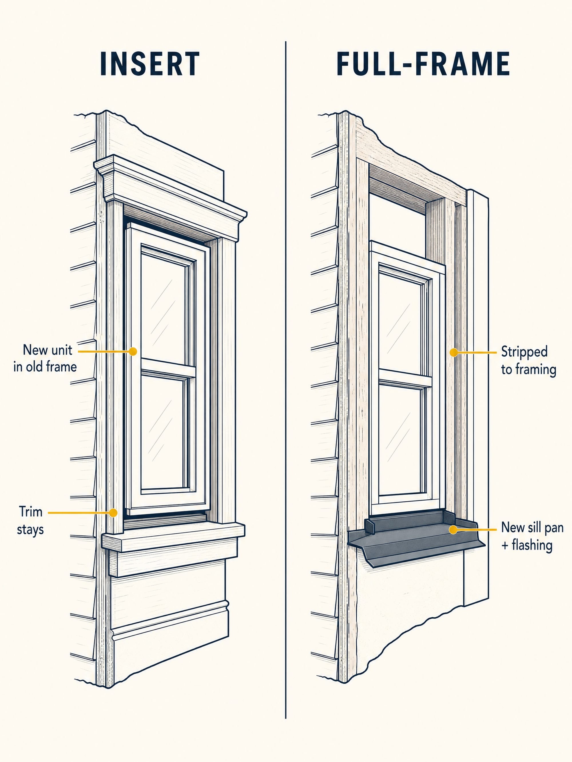 Two side-by-side cutaway diagrams of a window in a wall. The left, labeled 'Insert,' shows a new window unit nested inside the existing old frame with the trim intact ('New unit in old frame,' 'Trim stays'). The right, labeled 'Full-frame,' shows the opening stripped to bare framing with a new sill pan and flashing going in ('Stripped to framing,' 'New sill pan + flashing').