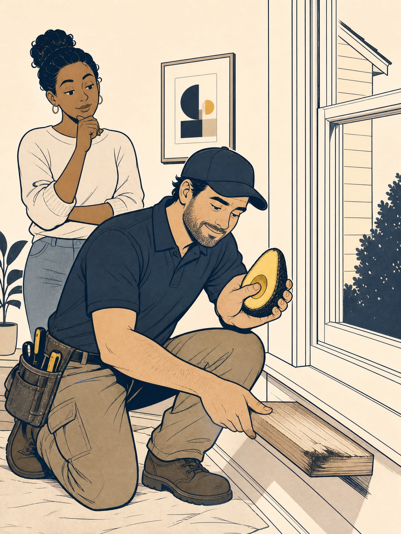 An editorial illustration: an installer kneeling at a window presses his thumb into the sill's soft corner while holding up a halved avocado in his other hand for comparison, as a homeowner watches with dawning understanding.