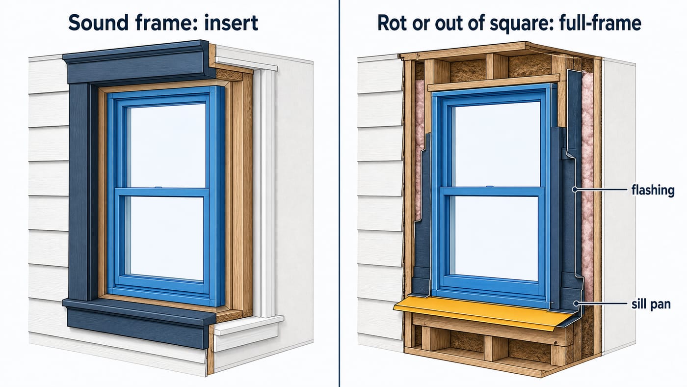 Side-by-side cutaway of the two replacement methods. Insert: the new window nests inside the existing sound frame with the trim untouched. Full-frame: the opening is stripped to the rough framing so a sill pan, flashing, and new insulation go in.