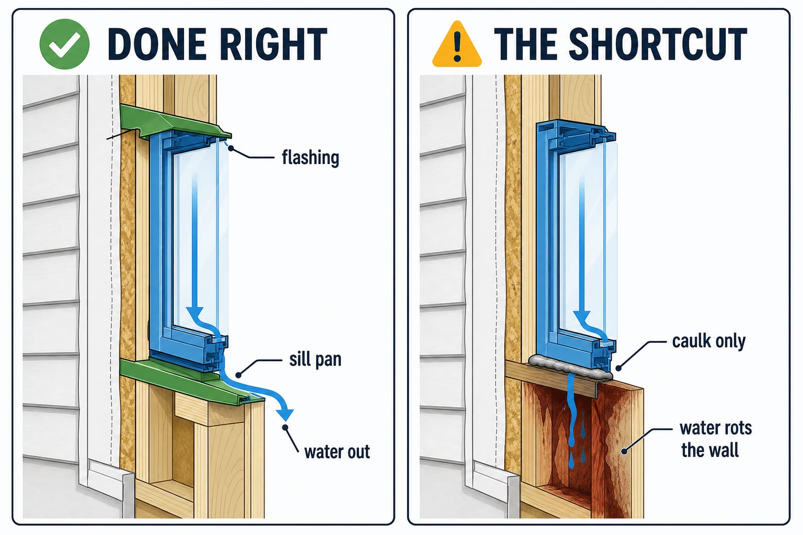 Two window installs in cross-section. Done right: head flashing and a sloped sill pan carry water back out of the wall. The shortcut: caulk only, no flashing or sill pan, so water soaks into the framing and rots the wall.